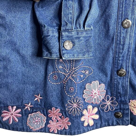 Vintage Denim Womens XL Jacket Pink Embroidered Flowers Butterflies Toffee Apple - Picture 4 of 10